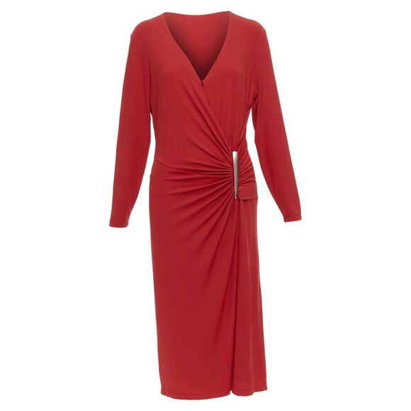 Donna Karan Viscose Blend V Neck Silver Buckle Drape Midi Dress